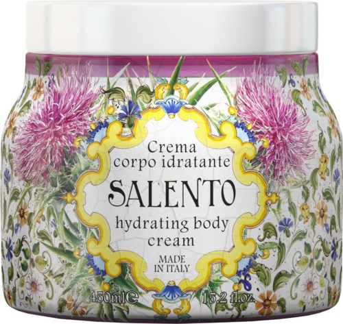 Farverigt blomsterdesign med hvid låg, mærket som fugtgivende kropscreme fra Italien, 450 ml.