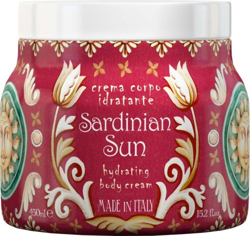 Lyserød krukke med hvid låg, guldfarvede og hvide blomsterdekorationer, mærket siger 'Sardinian Sun' fugtgivende kropscreme, 450 ml.