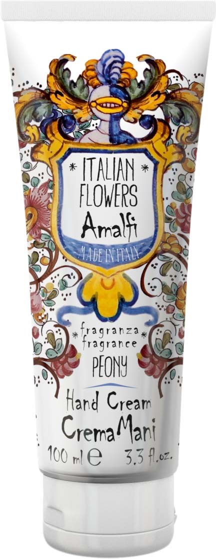 En vit handkrämstub med färgglada blommor och dekorativa designs, märkt "Italian Flowers Amalfi".