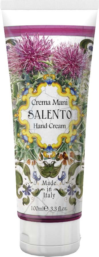 Eine Tube Handcreme mit Blumenmuster, beschriftet "Salento Hand Cream," hergestellt in Italien, 100ml.