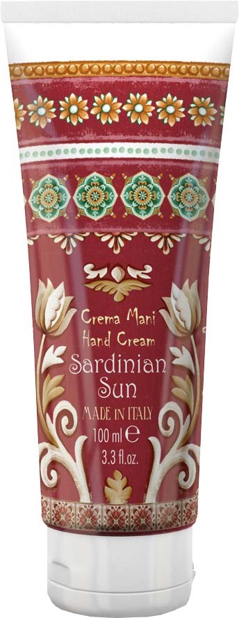 Dekorativ tub med blommönster och text för Sardinian Sun handkräm.