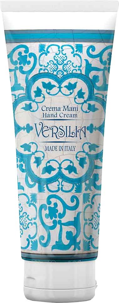 Ein weiß-blaues Blütenmuster für Handcreme mit Text, der anzeigt, dass sie in Italien hergestellt wurde.