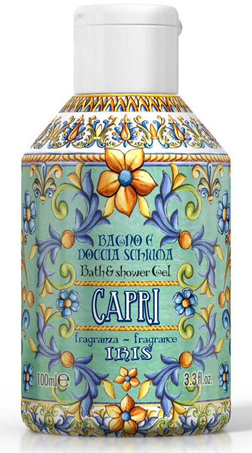 Eine dekorative Flasche mit Bad- und Duschgel mit blauen, gelben und grünen Blumenmustern und Text über Capri-Duft.
