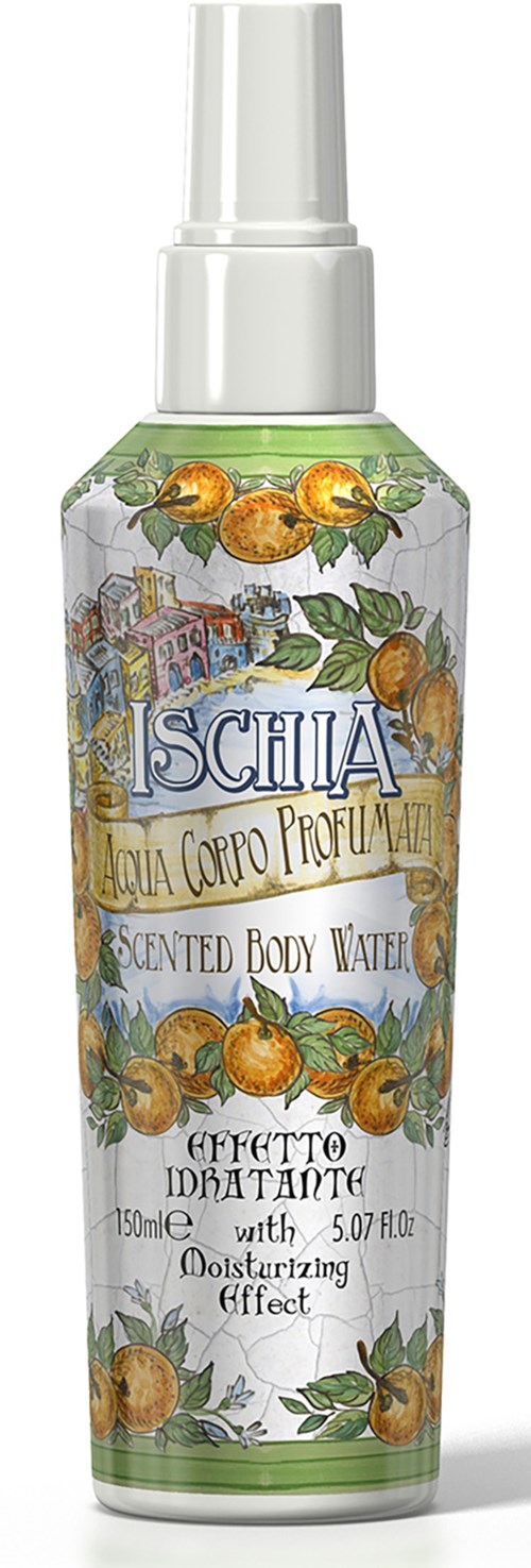 En kroppssprayflaska märkt 'Ischia Scented Body Water' med bilder av apelsin och gröna citrusfrukter.