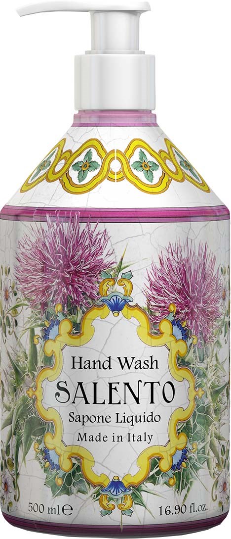 Eine Pumpflasche mit flüssiger Handwäsche von Salento, Italien, mit Blumenmuster in Lila und grünen Blättern.
