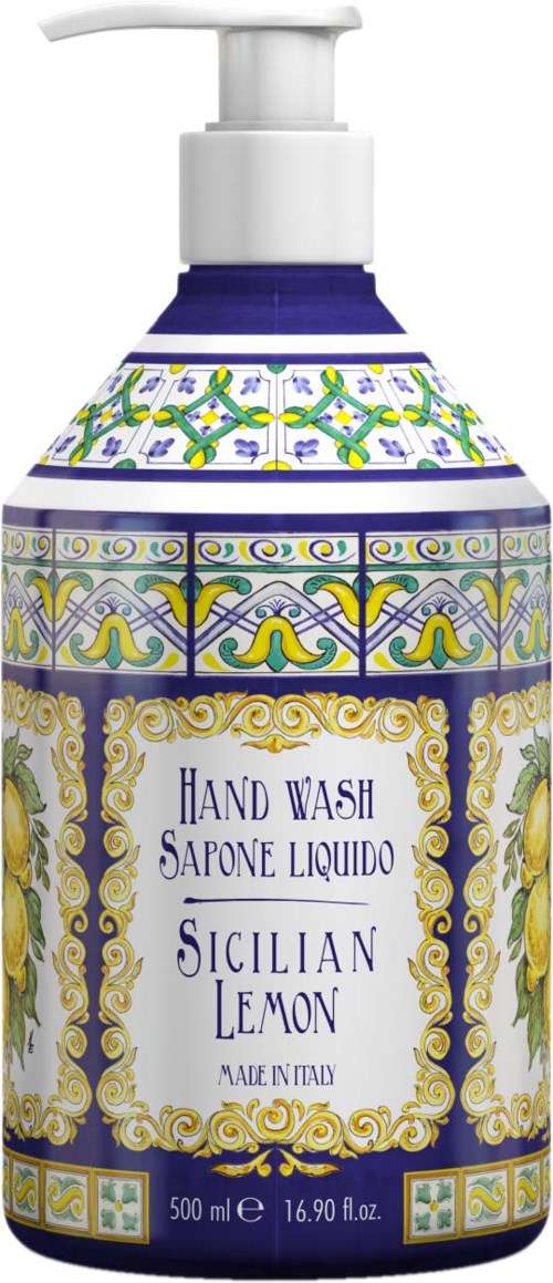 Dekorative Flasche Handseife mit sizilianischem Zitronenduft, mit bunten, ornamentalen Mustern und Pumpspender.