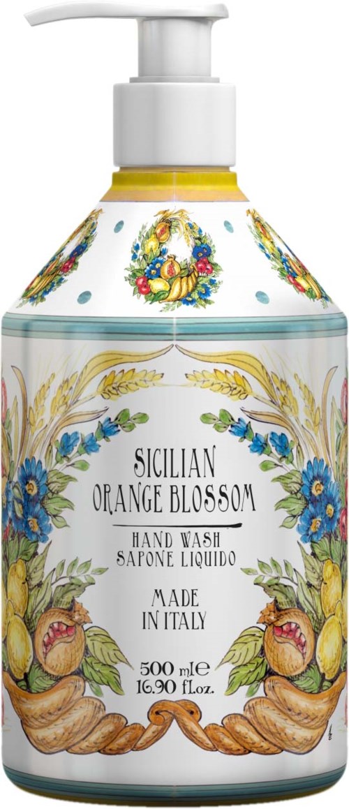 Händewaschflasche mit Blumen- und Fruchtmuster, gekennzeichnet "Sicilian Orange Blossom," hergestellt in Italien, 500 ml.