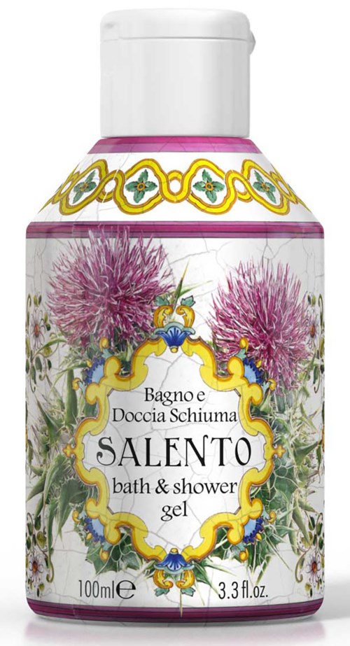 Flaske med pink blomster og dekorativ gul og blå design, mærket som bad- og shower gel fra Salento.
