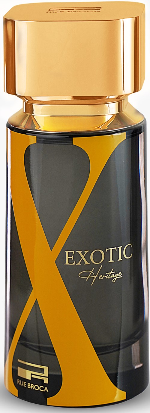 Een zwarte parfumfles met gouden en gele accenten, gelabeld 'Exotic Heritage' en een gouden dop.