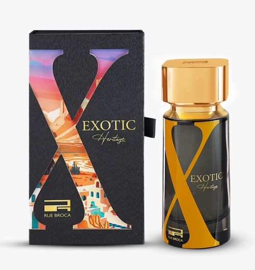 Een parfumfles met zwart en goud ontwerp, en een doos met een kleurrijk landschap en grote 'X'-letter.