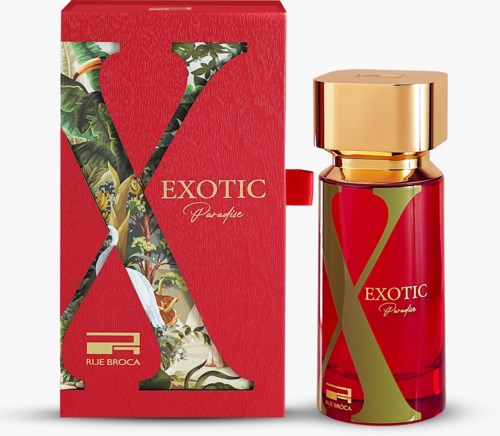 Rood doos en fles met exotische parfum met gouden dop, groene en rode ontwerp elementen.