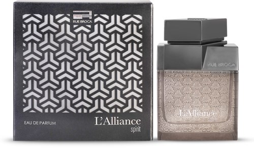Een parfumfles met een patroon doosje, gemerkt 'L'Alliance spirit' door Rue Broca en Yves Saint Laurent.