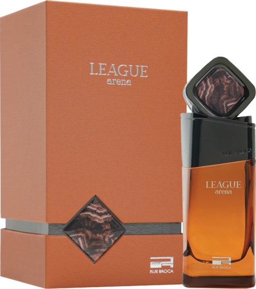 Een parfumfles en doos met de tekst 'LEAGUE arena', geometrisch ontwerp en oranje-bruin kleurenpatroon.