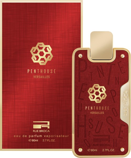 Een parfumendoos en kaart voor Penthhouse Versailles, voornamelijk rood met gouden logo en tekst, en een herhalend patroon.