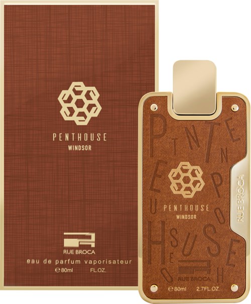 Een parfumdoos en fles met honingraatlogo en de woorden 'Penthouse Windsor'.