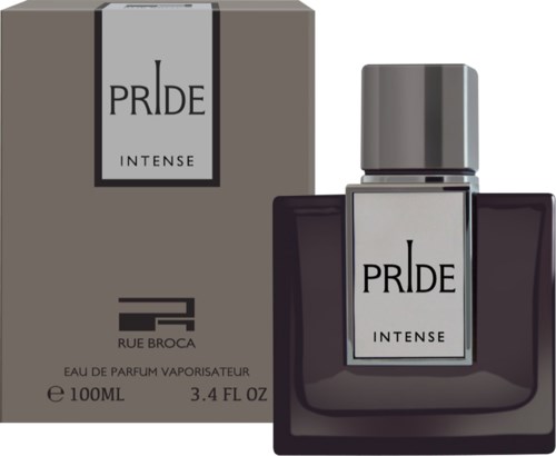 A perfume bottle and box labeled 'PRIDE INTENSE' by Rue Broca, dark color, sleek design, and silver cap.