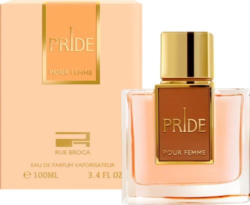 Parfumfles en doos met gouden accenten, gemerkt 'PRIDE POUR FEMME,' voor vrouwen, 100 ml.