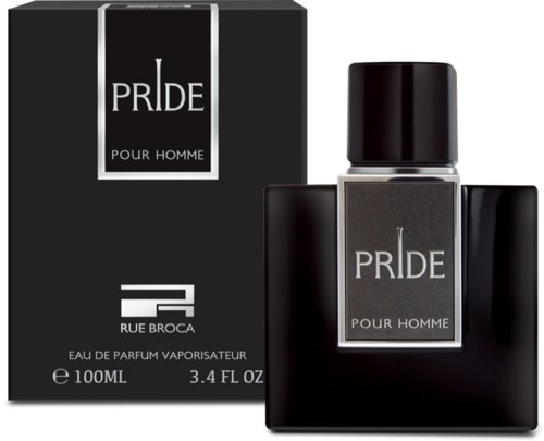 Een zwarte doos en fles met PRIDE Pour Homme, 100 ml, door Rue Broca.