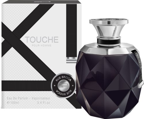 A stylish black perfume bottle with a silver cap next to its boxed packaging, both labeled Touche for men.
