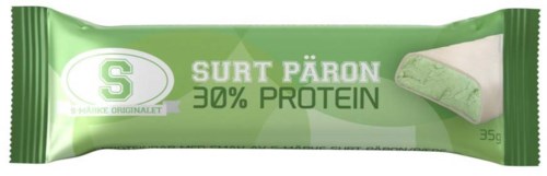 Grøn pakke med pæresmagende proteinstang, 30% protein og 35 gram.