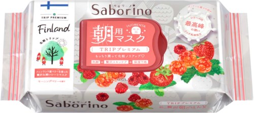 En finsk-inspireret pakke med jordbær, en rød sæbe og etiketter på japansk og engelsk.