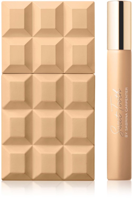 Beige suklaalevyn kuvio ja sen vieressä beige nestemäinen peiteaine.