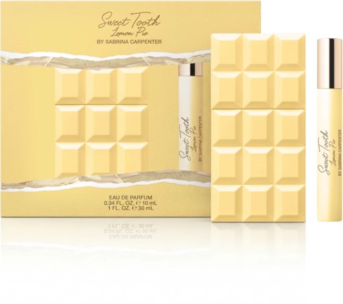 Keltainen suklaalevyn muotoinen pakkaus Sweet Tooth Lemon Pie -tuoksulle ja sopiva roll-on pullo.