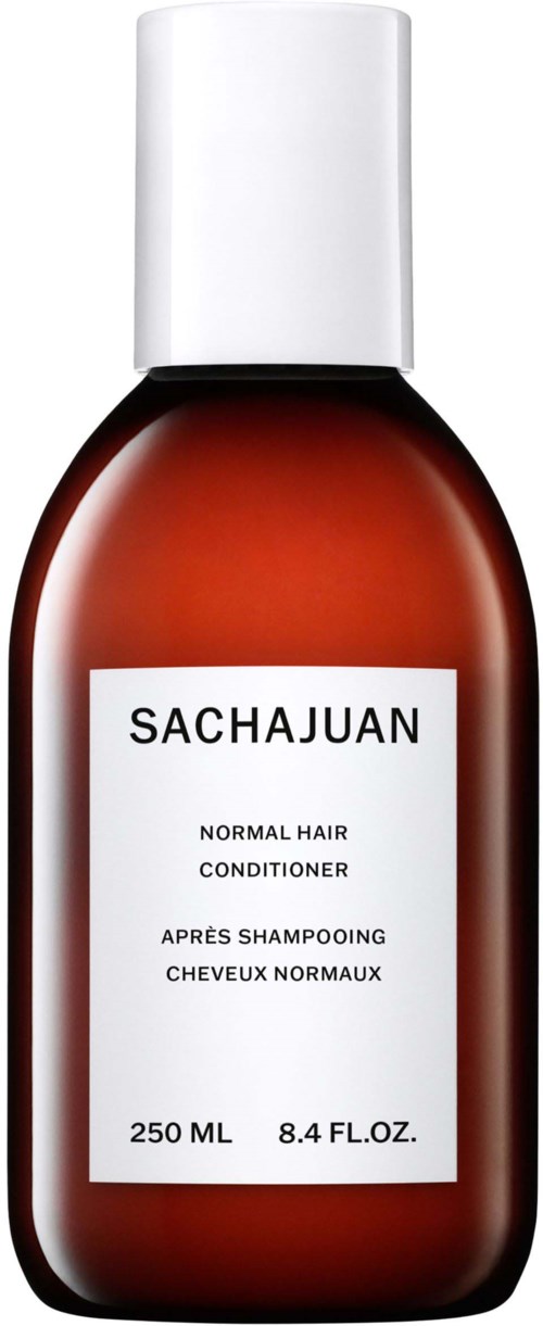 En brun flaska med vit kork, märkt 'SACHAJUAN NORMAL HAIR CONDITIONER,' 250 ml, för hårvård.