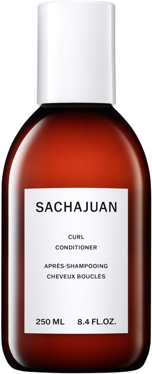 En brun flaska med vit kork, märkt Sachajuan Curl Conditioner, 250 ml, för hårvård.