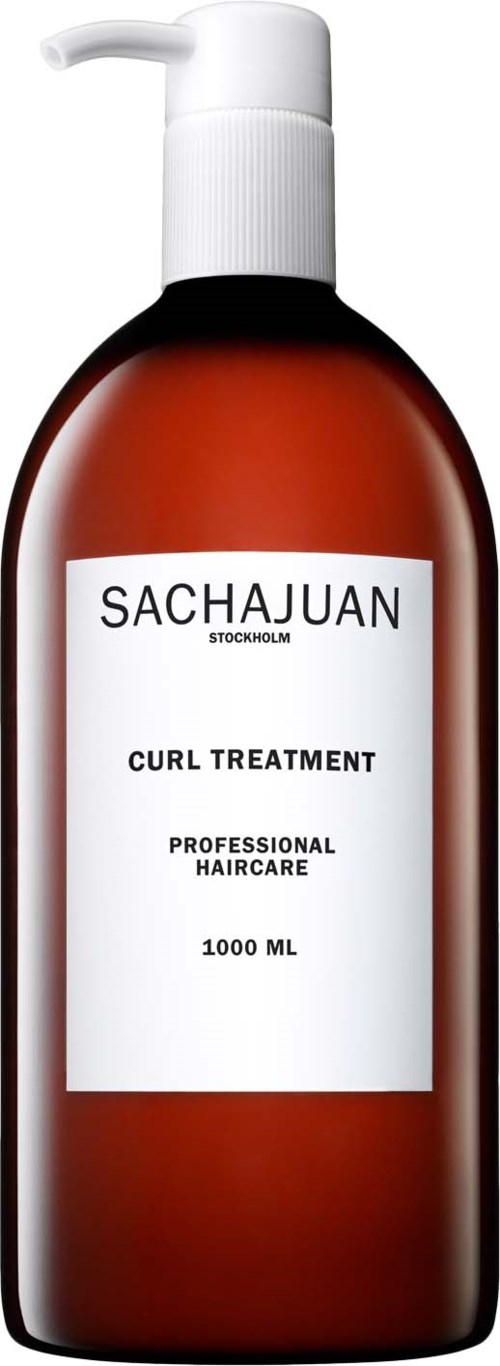 Ruskea pullo, jossa valkoinen pumppu, merkki Sachajuan Curl Treatment ammattilaisille, 1000 ml.