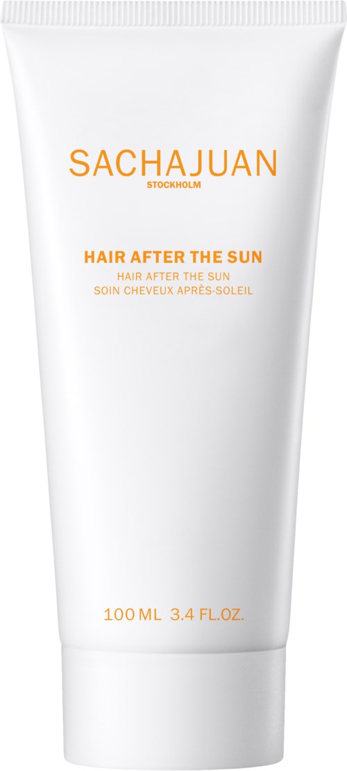 Hvit tube med oransje tekst, merket som Sachajuan hårprodukt for etter sol, 100 ml.