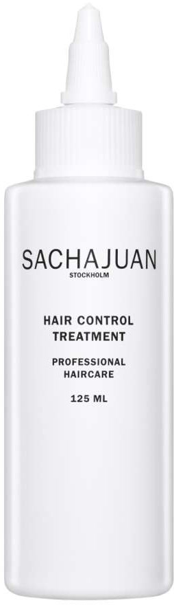 En hvid flaske mærket Sacha Juan, med spids, til hårkontrolbehandling, 125 ml.