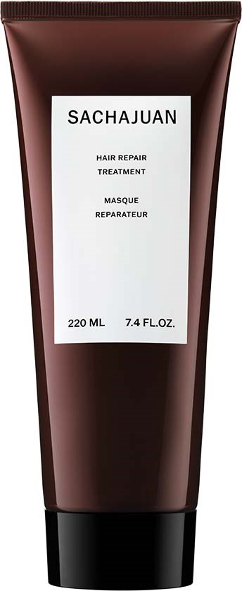 Ruskea puteli, jossa lukee Sachajuan Hair Repair Treatment, 220 ml, valkoisella tekstillä ja musta korkki.