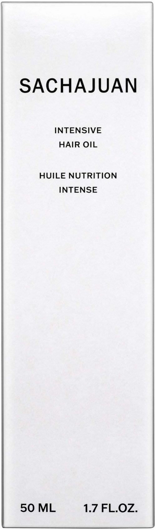 A white box with black text about Sachajuan intensive hair oil, containing 50 ml or 1.7 fl oz.