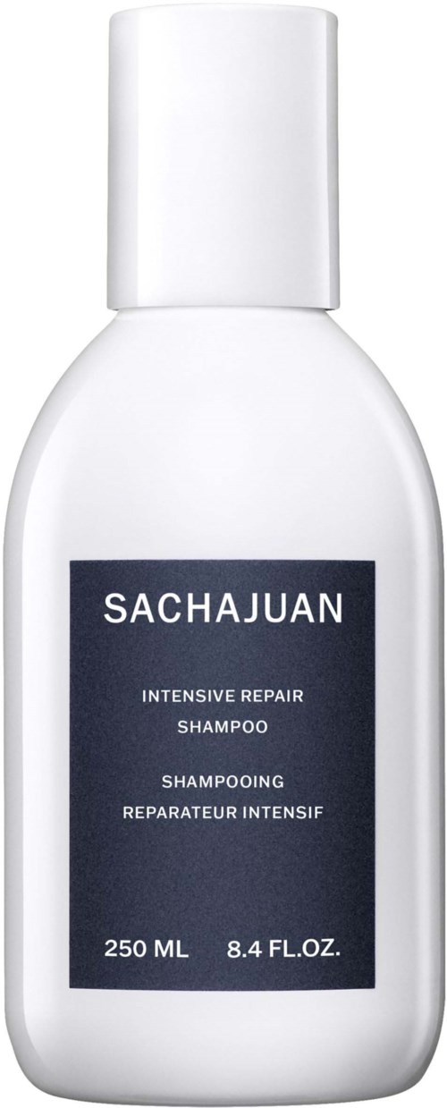 White shampoo bottle with a dark blue label displaying the brand 'Sachajuan' and product details.