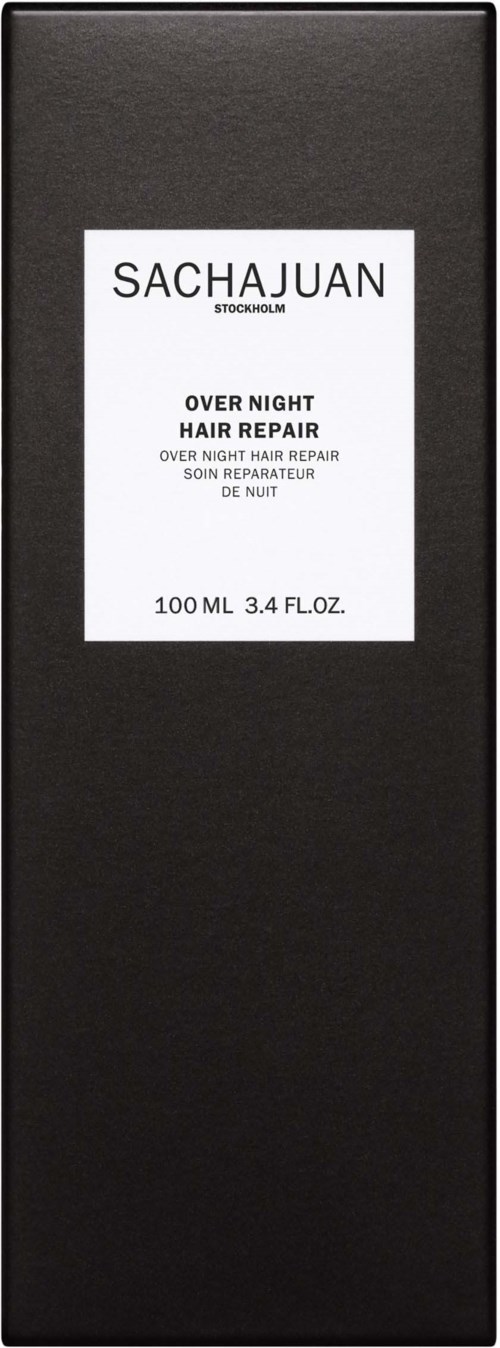 A black box with a white label inside displaying product name, size, and description in black text.
