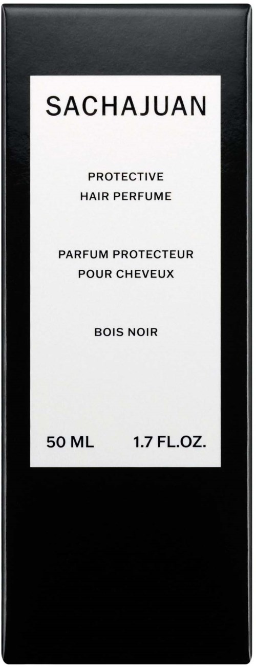 Ein schwarzer Karton mit weißem Etikett, zeigt "SACHAJUAN" und Produktdetails für Haarparfüm, 50 ml.