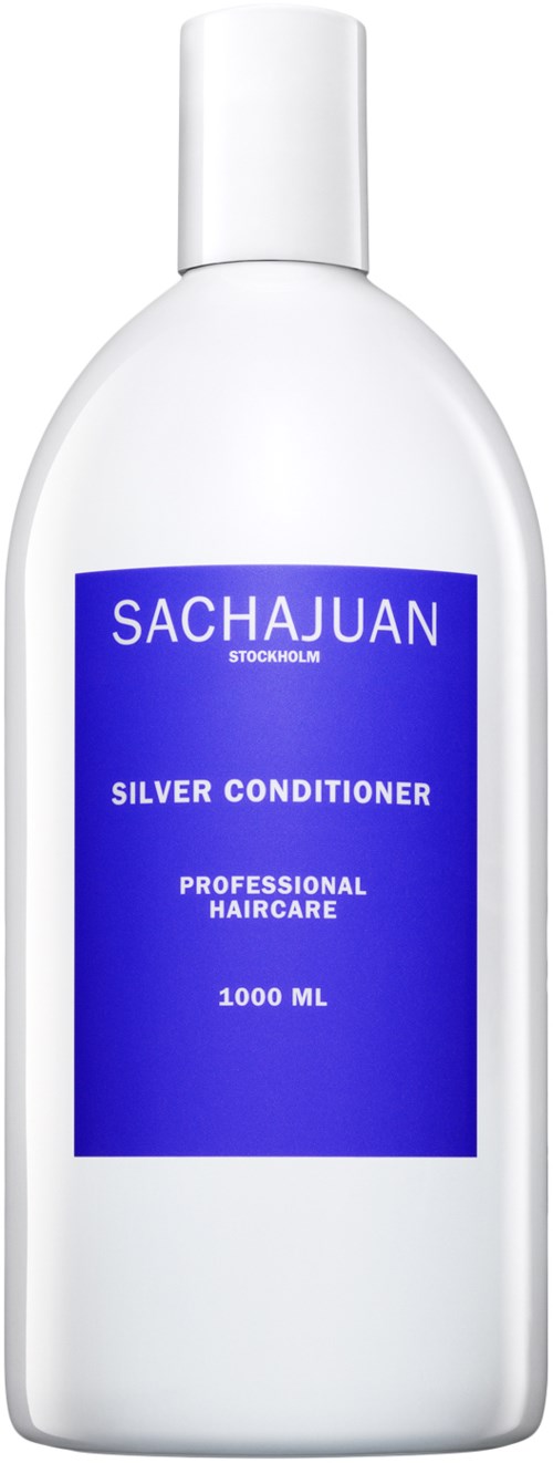 En hvit flaske med blå etikett som sier Salchajuan, sølvbalsam, profesjonell hårpleie, 1000 ml.