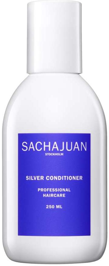 En hvit flaske merket 'SACHA JUAN Stockholm Silver Conditioner, 250 ML, Profesjonell hårpleie'.