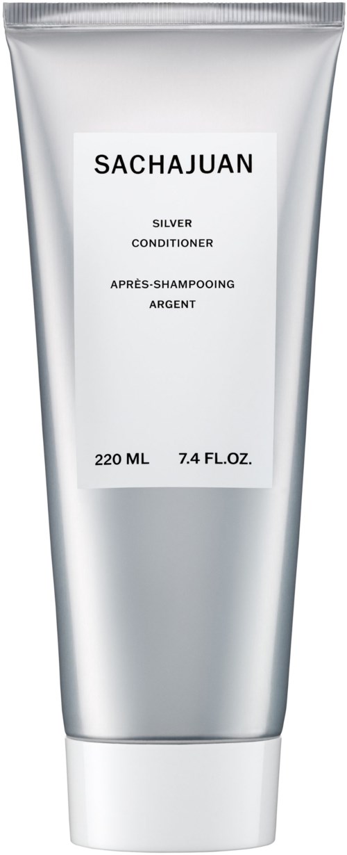 En silverfärgad tub med Sachajuan-conditioner, 220 ml, med svart och vitt text på framsidan.