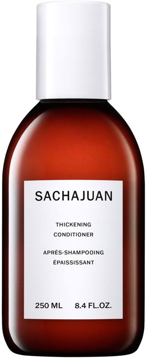 A brown bottle with a white cap labeled 'SACHAJUAN' for hair conditioner. It is 250 ml in size.