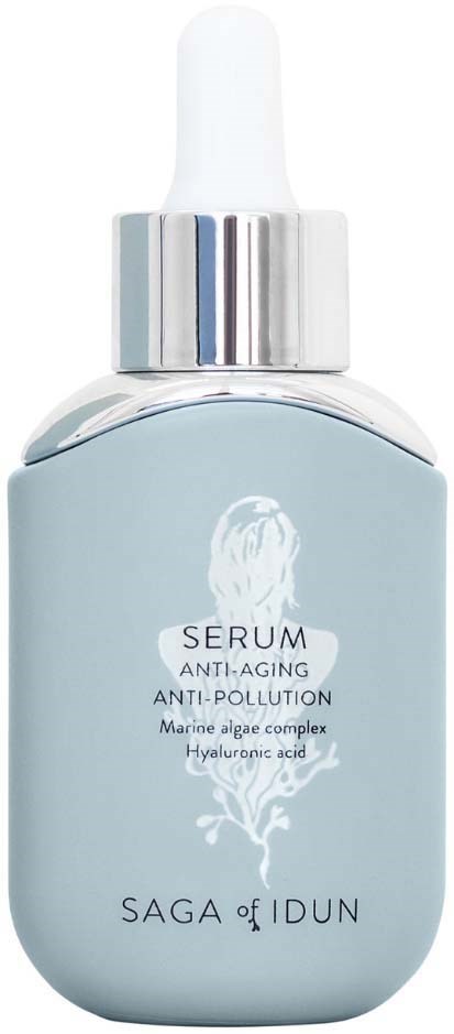En ljusblå serumflaska med vit droppkapsel, märkt som anti-aging och anti-förorening.