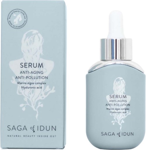 En ljusblå box och flaska med pipett, märkt som ett serum för anti-aging och skydd mot föroreningar, med marina alger och hyaluronsyra.