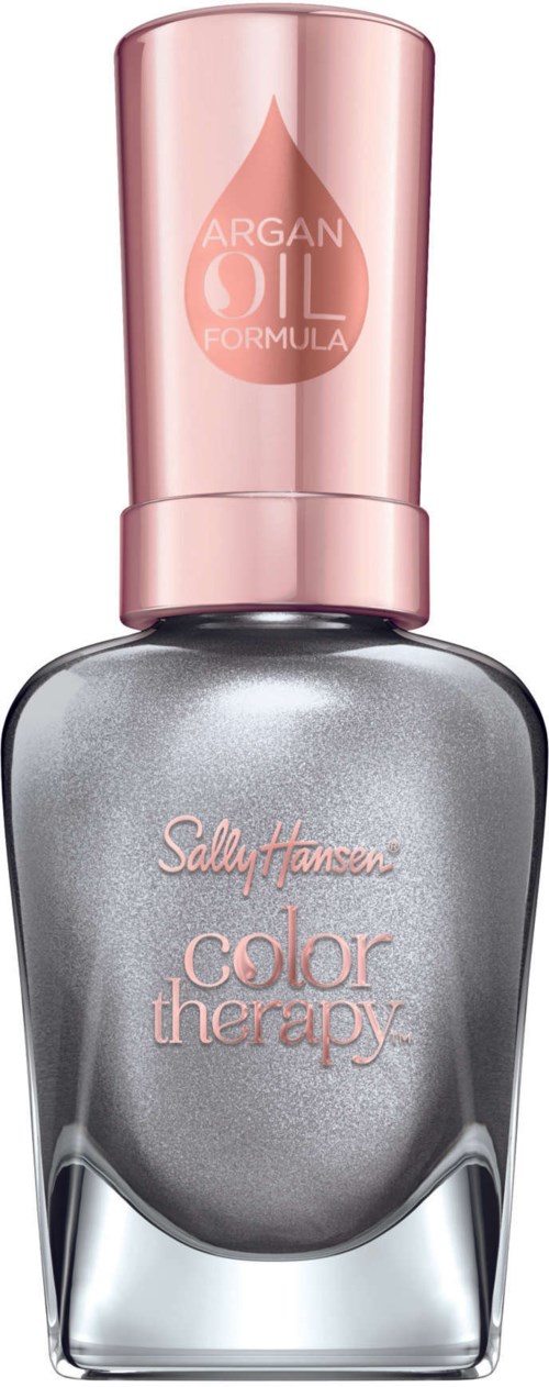 En nagellackflaska med metallicgrå färg och rosa lock, märkt Sally Hansen Color Therapy och Argan Oil.