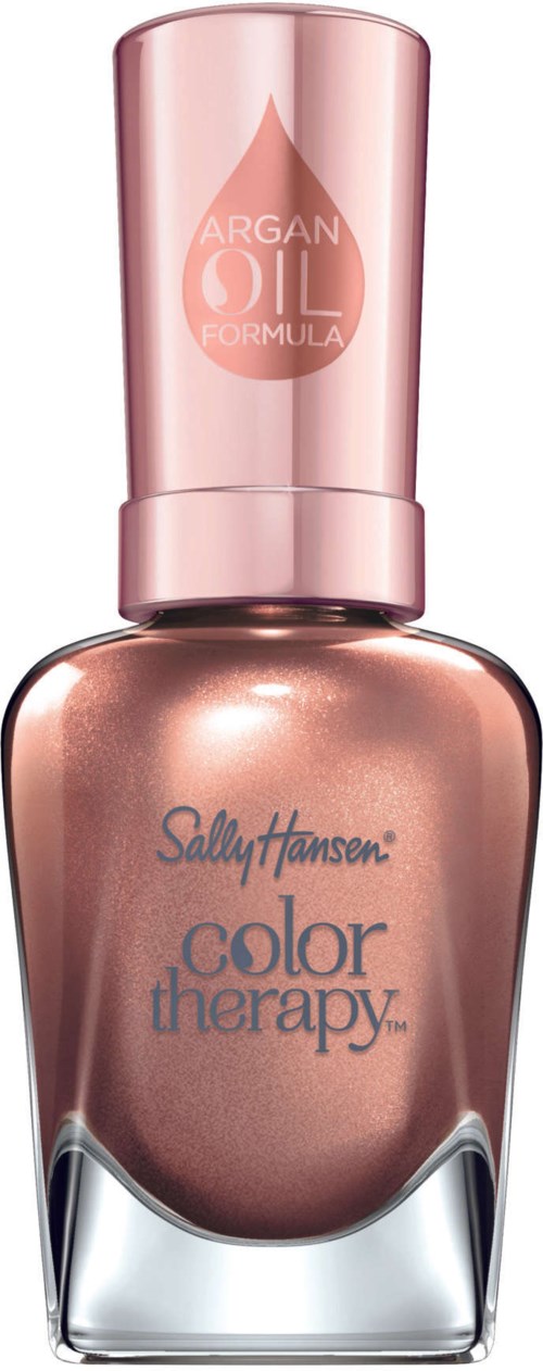 En nagellackflaska med rosa lock och glänsande, bronsfärgad vätska inuti. Den är märkt Sally Hansen Color Therapy.