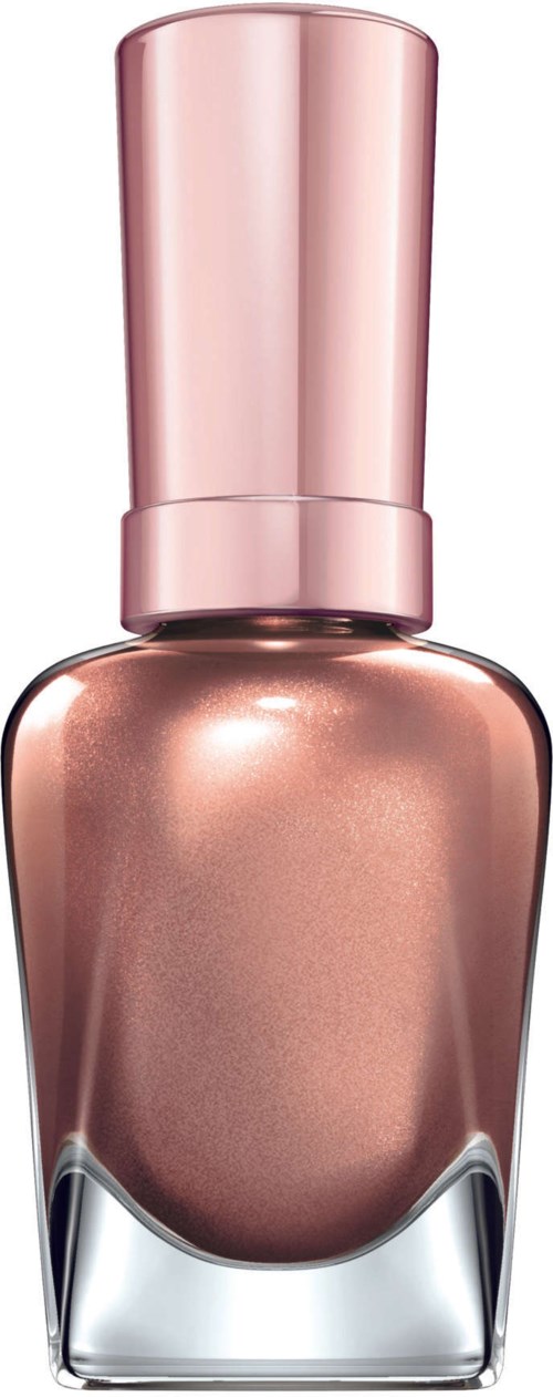En metallisk rosa-guldig nagellacksflaska med en glänsande kork, glänsande och slät yta.