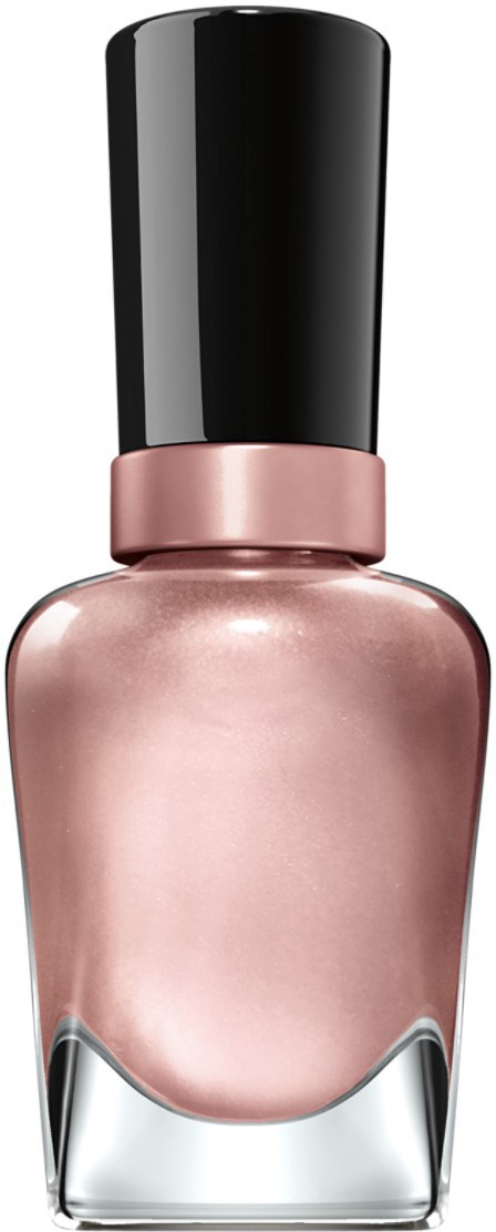 En pink neglelakflaske med sort låg. Den har en blank, glat overflade og rund form.