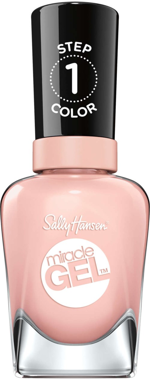En lyserød Sally Hansen Miracle Gel neglelakflaske med sort låg, der viser trin 1 farve.