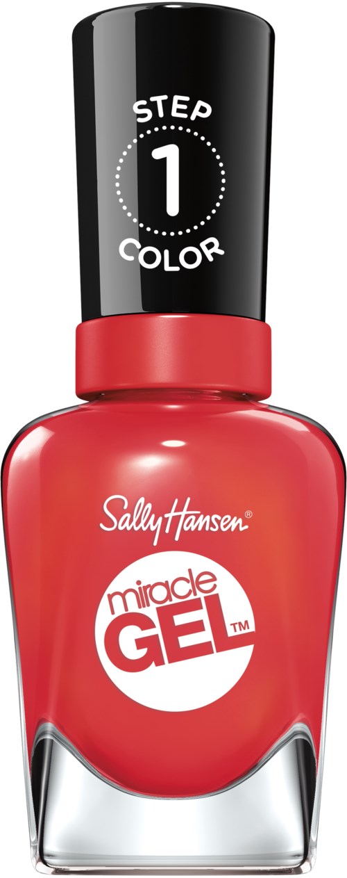 Rød neglelaksflaske med sort låg, mærket 'Sally Hansen Miracle Gel.' Det viser trin 1 til farveanvendelse.