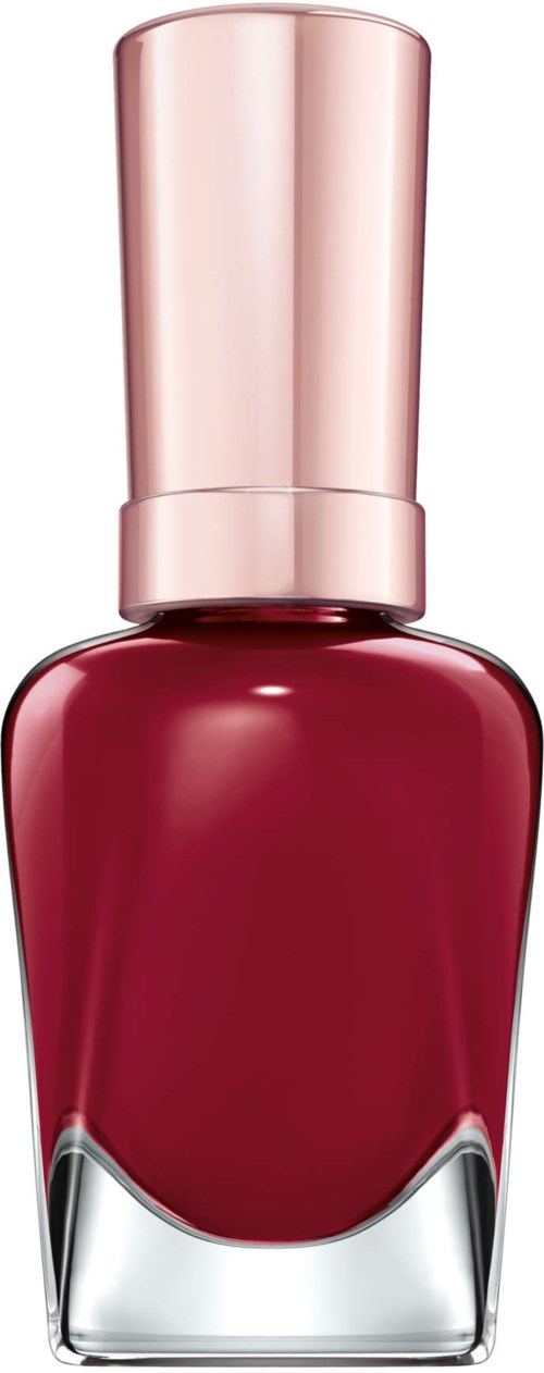 En röd nagellackflaska med rosa lock, glänsande och slät yta, ser elegant och modern ut.